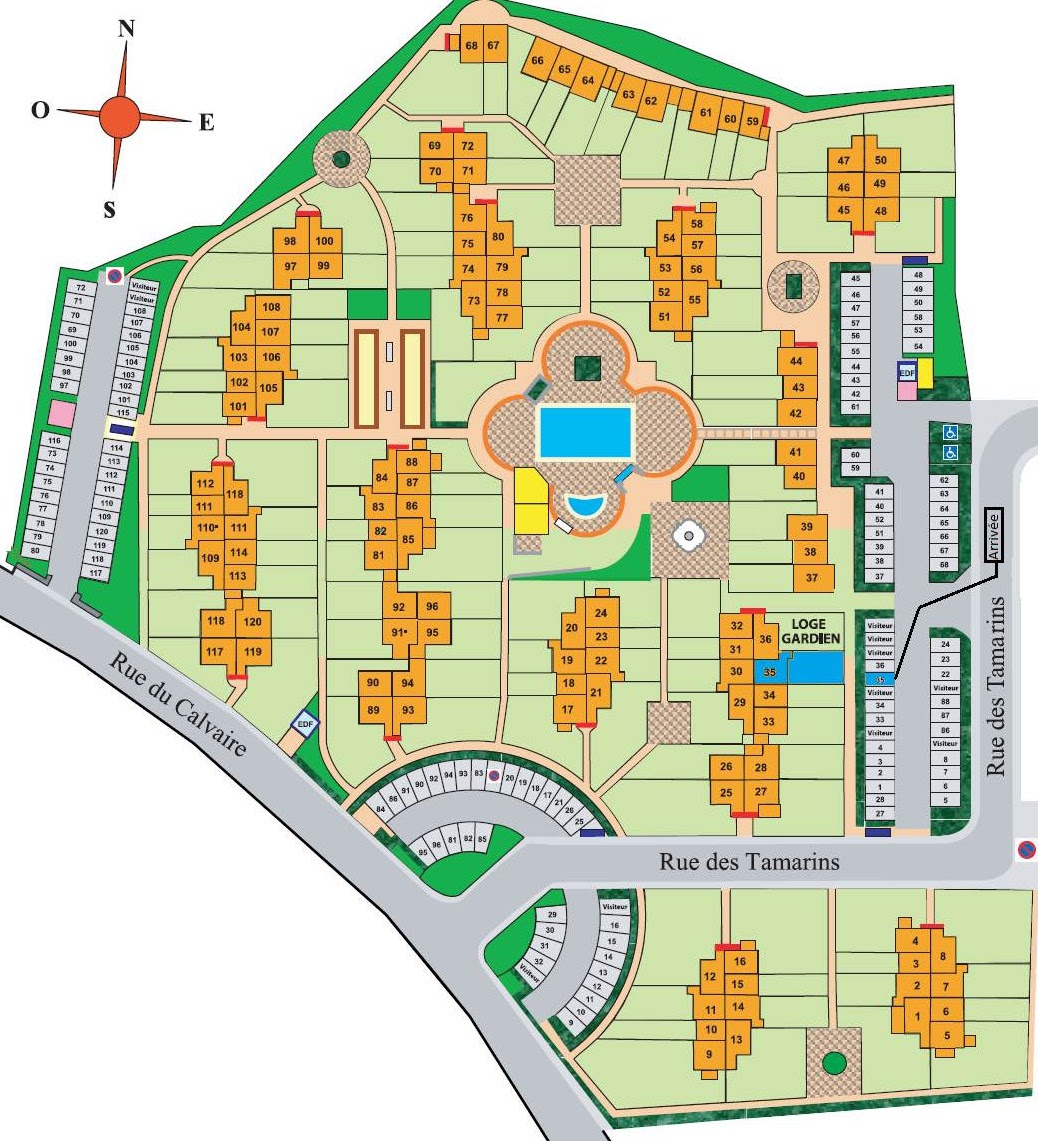 Plan de la résidence Les Tamarins avec repères de la maison, du parking et des espaces communs